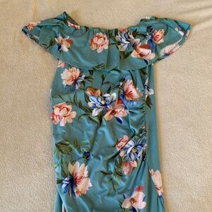 PinkBlush Mint Green Floral Off Shoulder Maternity Fitted Dress, Hello Mia, L